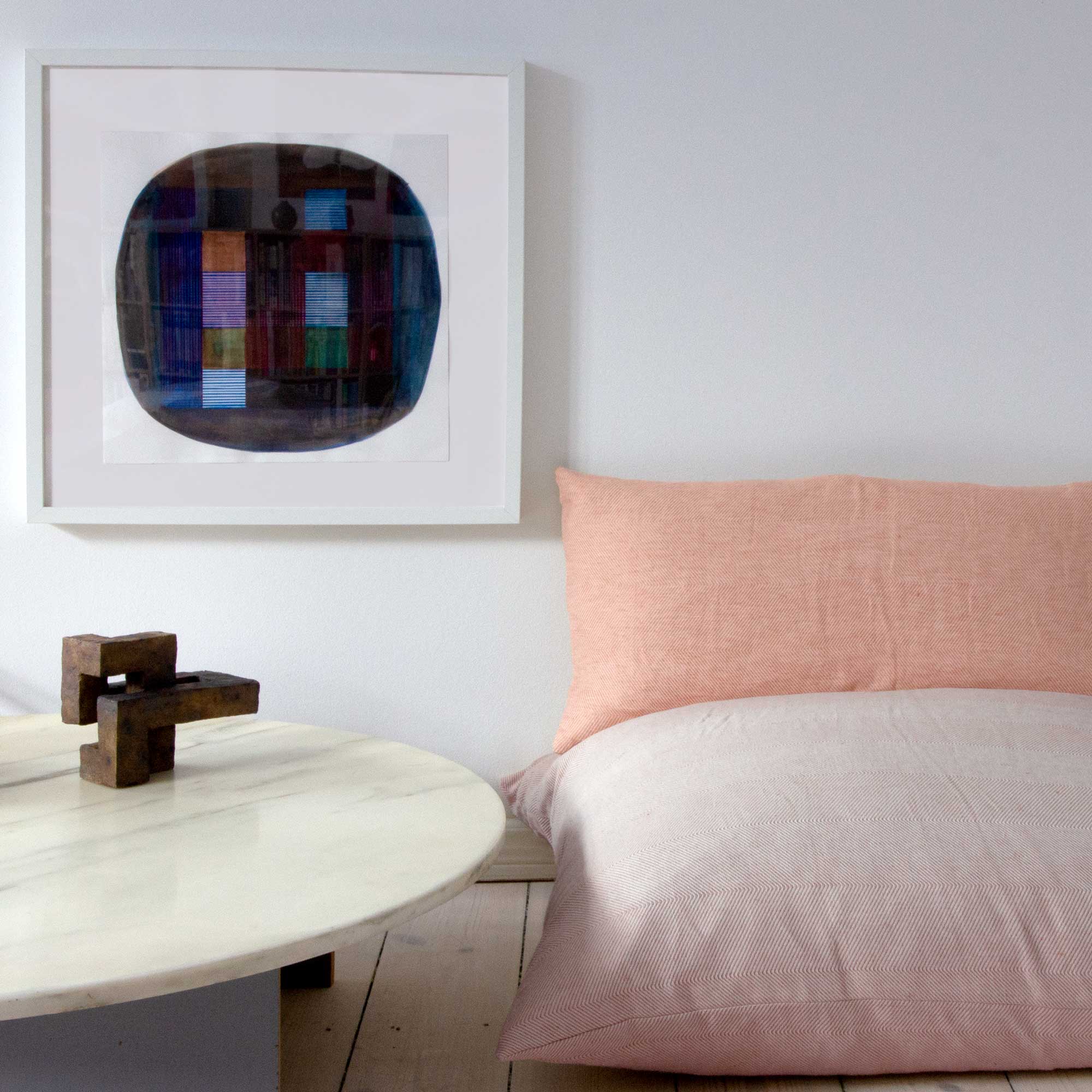 80 x 80 cm pudebetræk, lys koral hør/bomuld, som sofa,  RosenbergCph