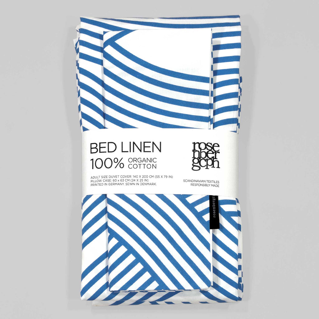 Sengetøj, økologisk bomuld, Ocean blå mønster, foldet med banderole, RosenbergCph