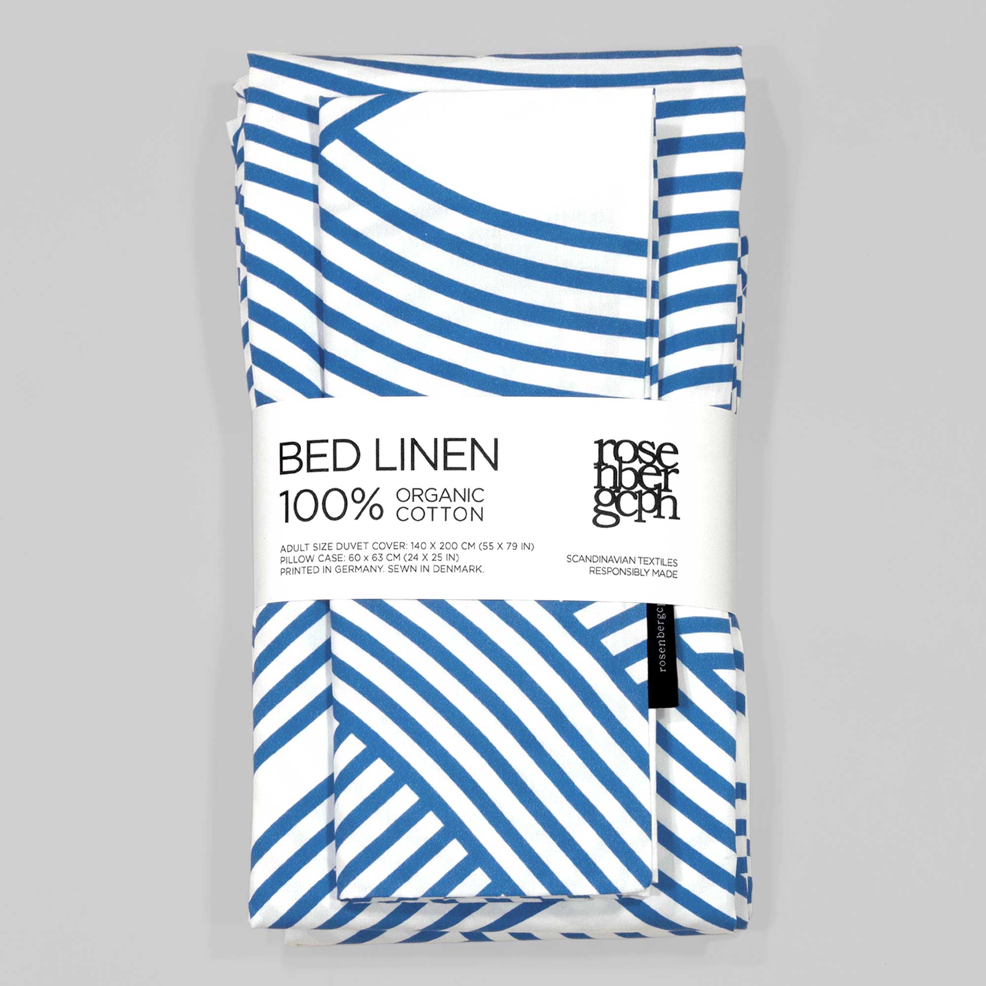 Sengetøj, økologisk bomuld, Ocean blå mønster, foldet med banderole, RosenbergCph
