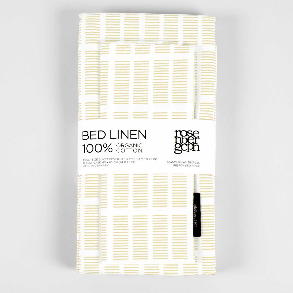 Sengetøj, økologisk bomuld, Tile gul mønster, foldet med banderole, RosenbergCph