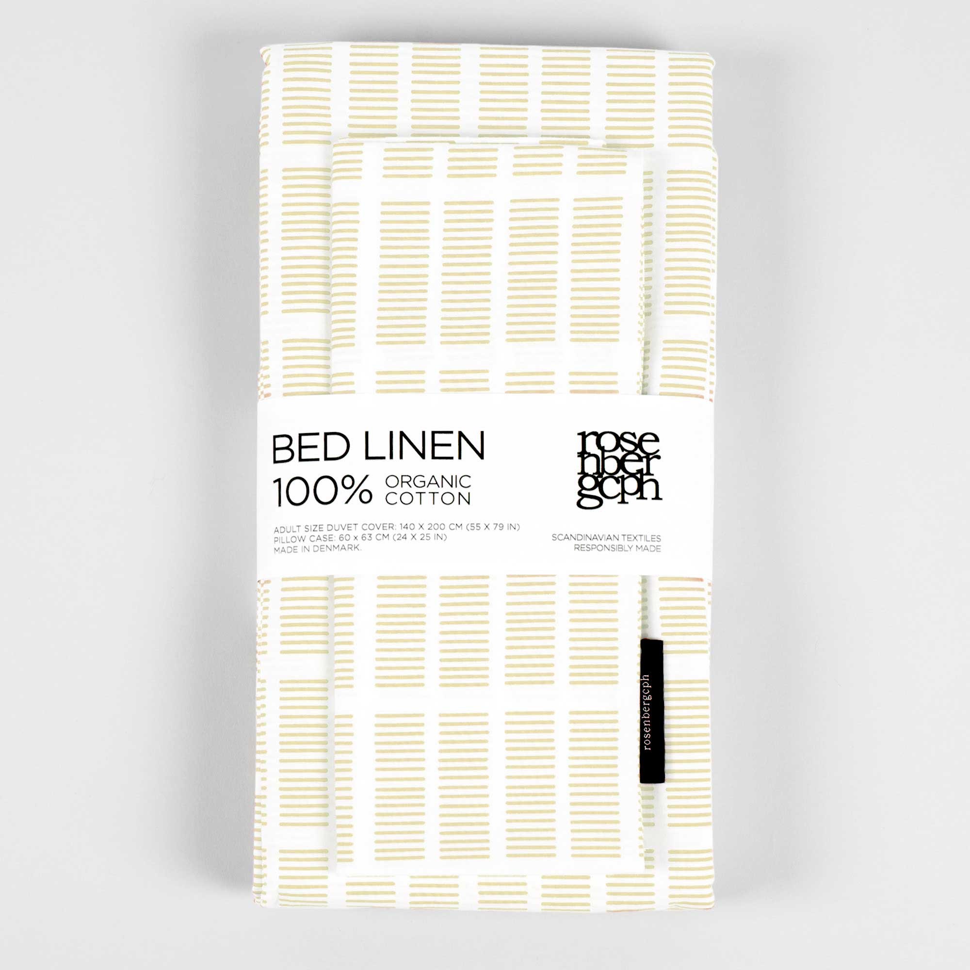 Sengetøj, økologisk bomuld, Tile gul mønster, foldet med banderole, RosenbergCph