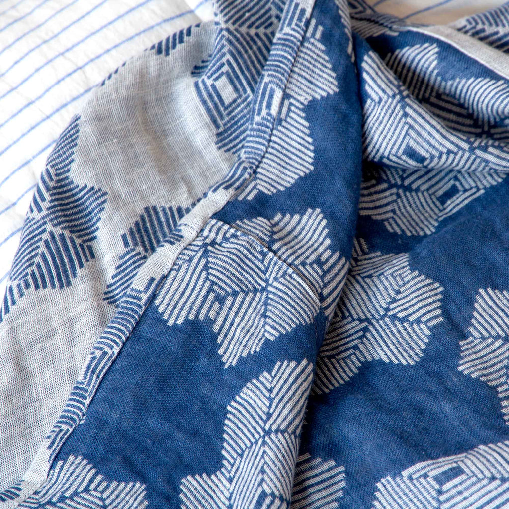 Sengetæppe, blå ørkenrose-mønster, detalje foldet rundt,  RosenbergCph