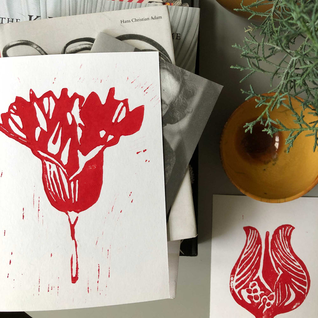 Red Onion Flower - original linocut - a5 card