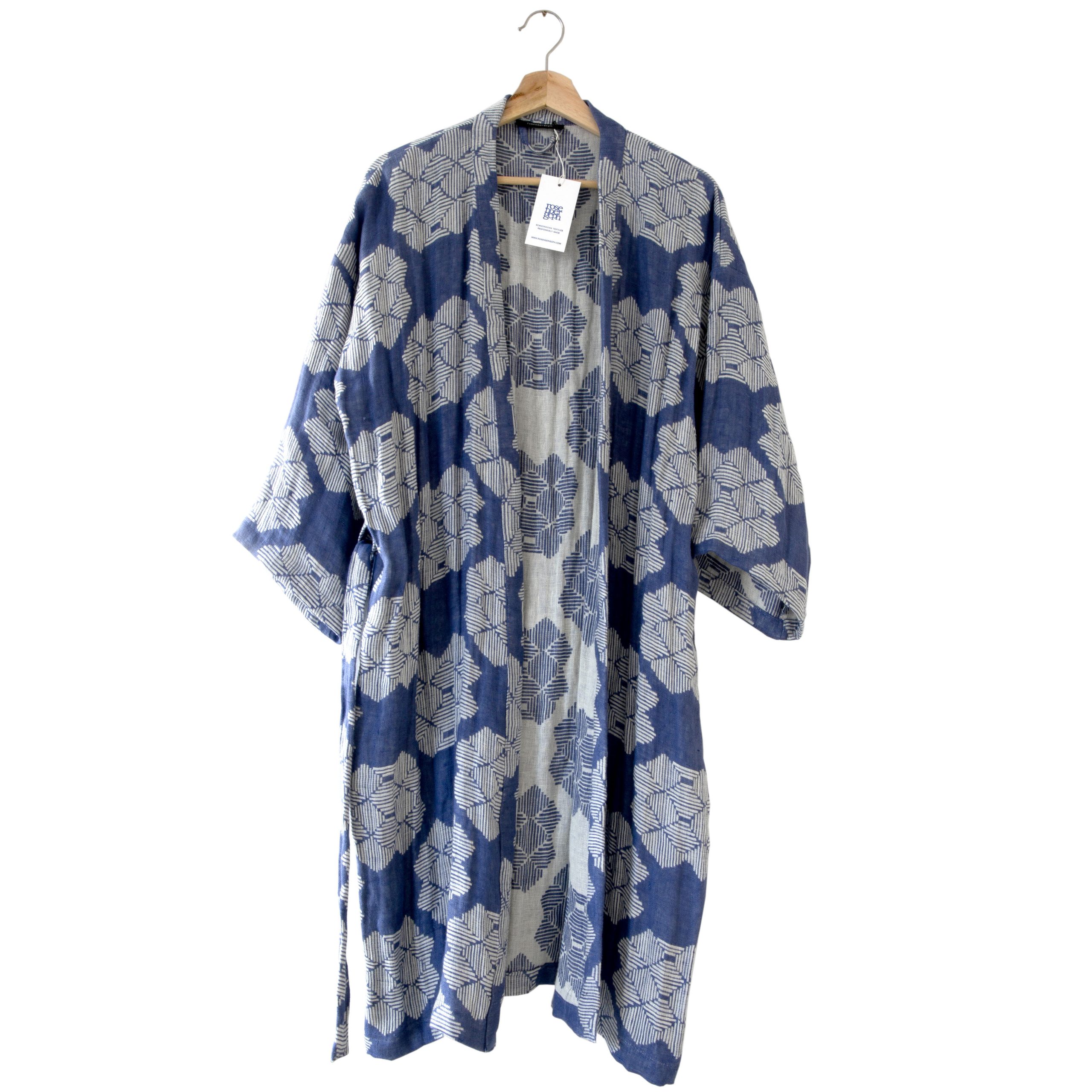 Kimono bathrobe, Desert roses blue, pure linen, design by Anne Rosenberg, RosenbergCph