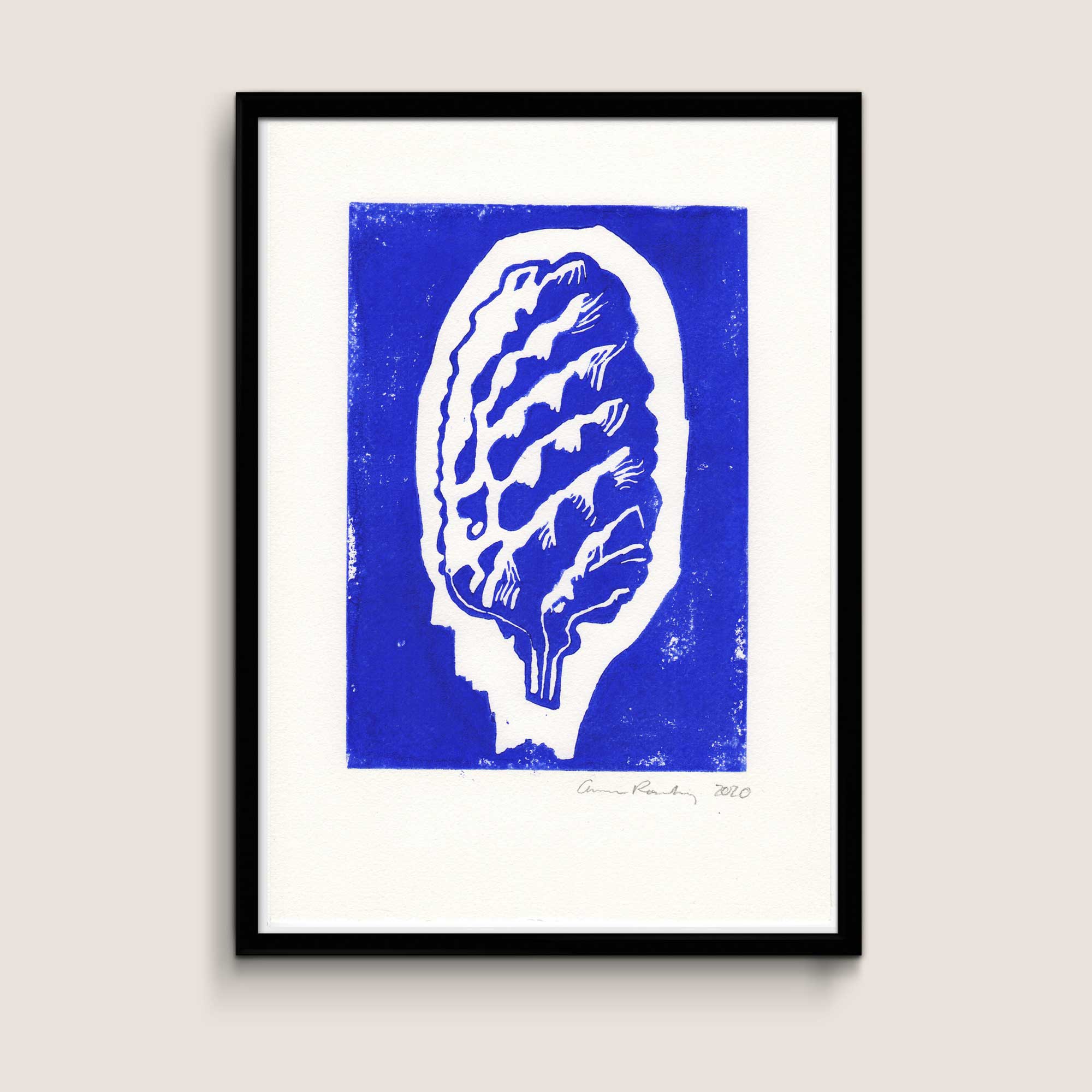 Cone, blue, A4 size linocut by Anne Rosenberg, RosenbergCph