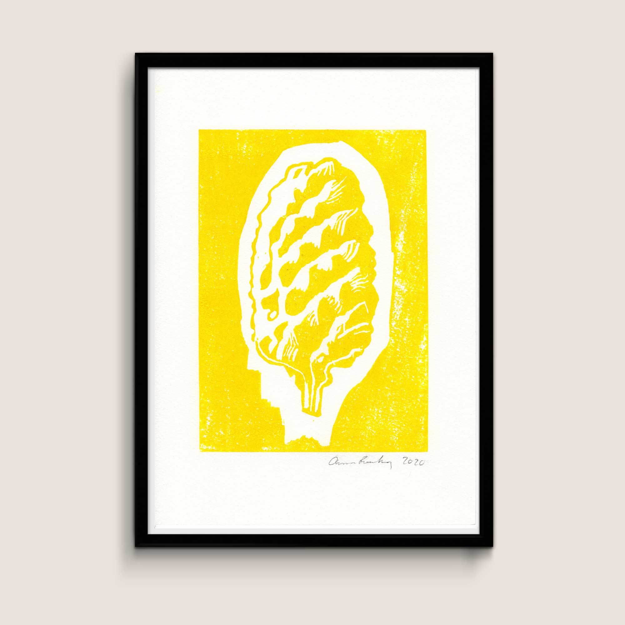 Cone, yellow, A4 size linocut by Anne Rosenberg, RosenbergCph